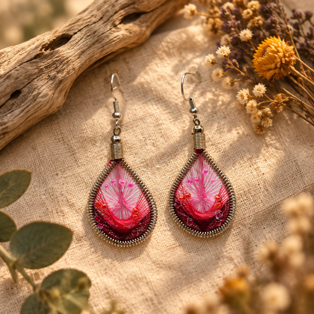 A pair of teardrop-shaped dangle earrings with silver-toned hooks and textured silver wire frames, featuring pink and red feather designs inside clear resin, displayed against a light gray background.