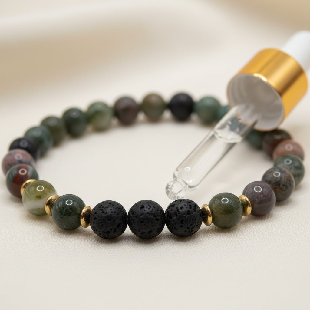 A beaded stretch bracelet made of round dark beads, including black lava stone and green marbled beads, separated by small gold spacer beads, shown on a plain light gray background.