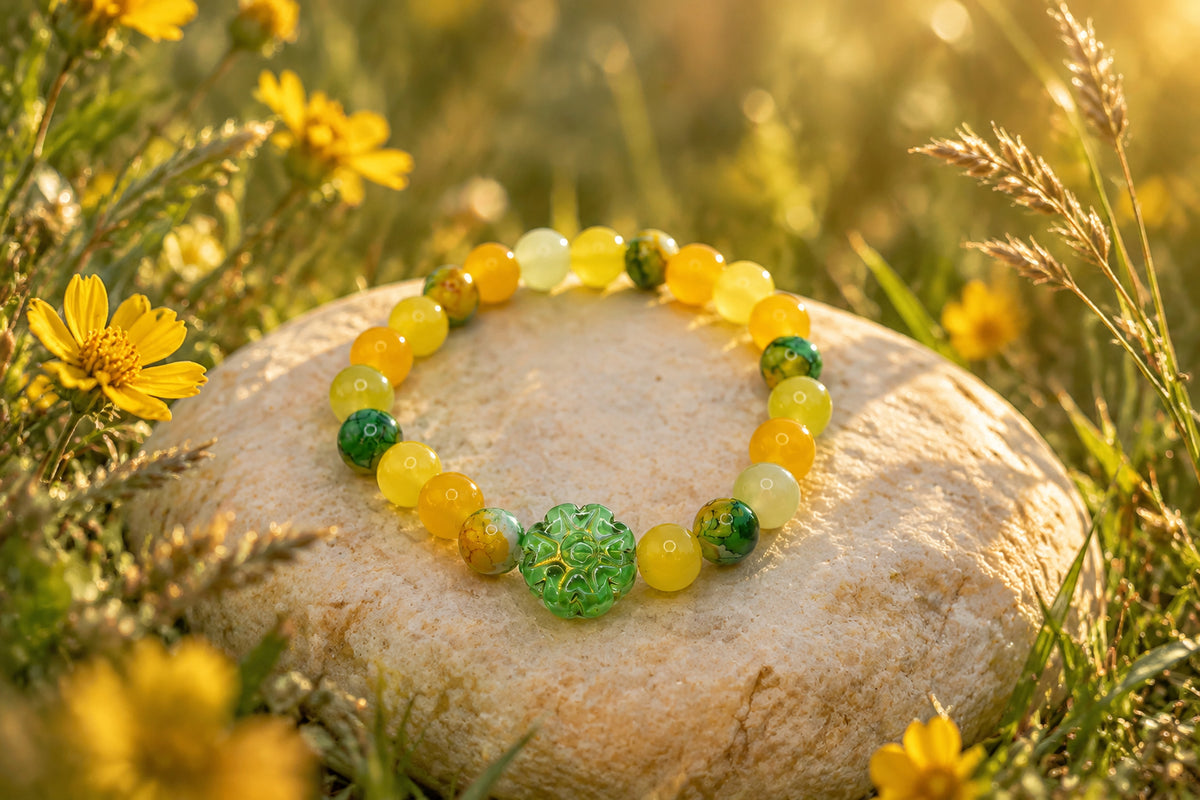 A beaded stretch bracelet featuring yellow and green glass beads, with a textured green central bead, displayed on a plain light gray background.
