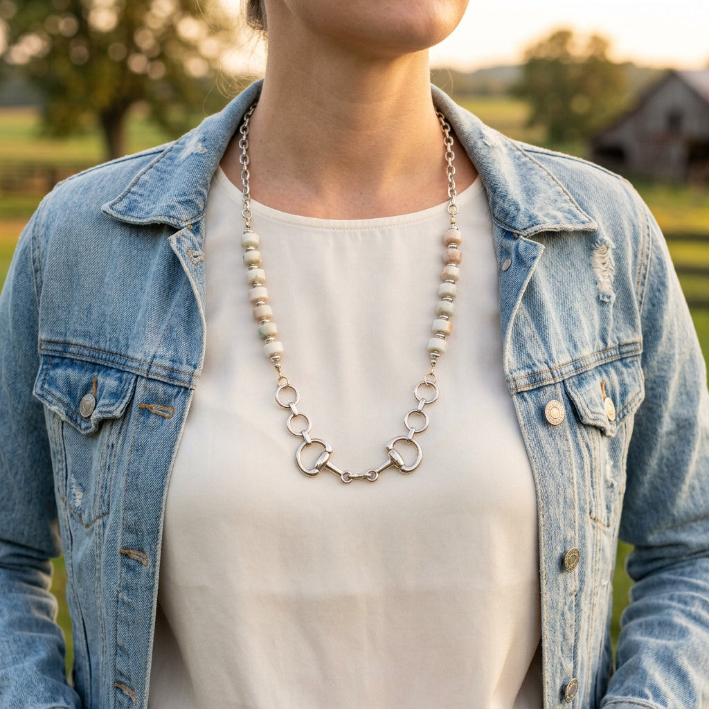 A silver-tone horse bit necklace with white and pale pink faux pearls, displayed on a black velvet jewelry bust against a white background.