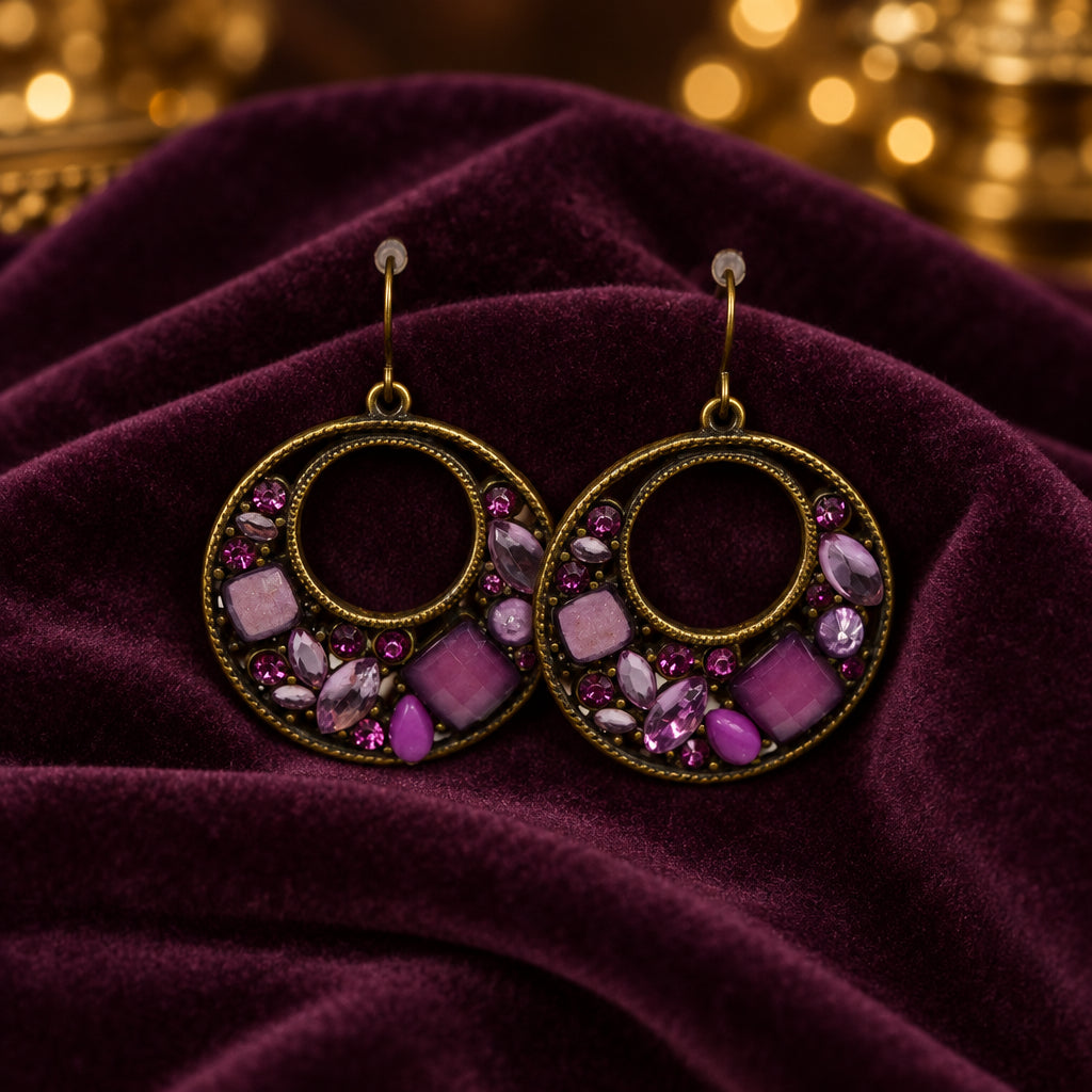 A pair of large circular hoop earrings with an antique bronze metal frame, decorated with various purple and magenta glass stones, hanging against a plain light gray background.