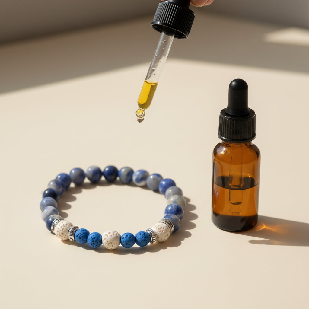 A beaded stretch bracelet featuring blue and white marbled beads, textured white and blue beads, and silver spacer rings, displayed on a neutral gray background.