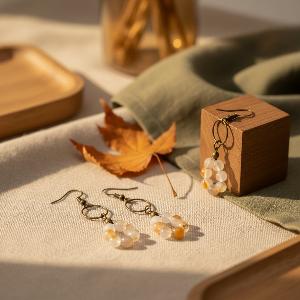 A pair of handmade dangle earrings with dark metal rings and small translucent beads in white, peach, and brown, displayed on a clear stand against a light gray background.