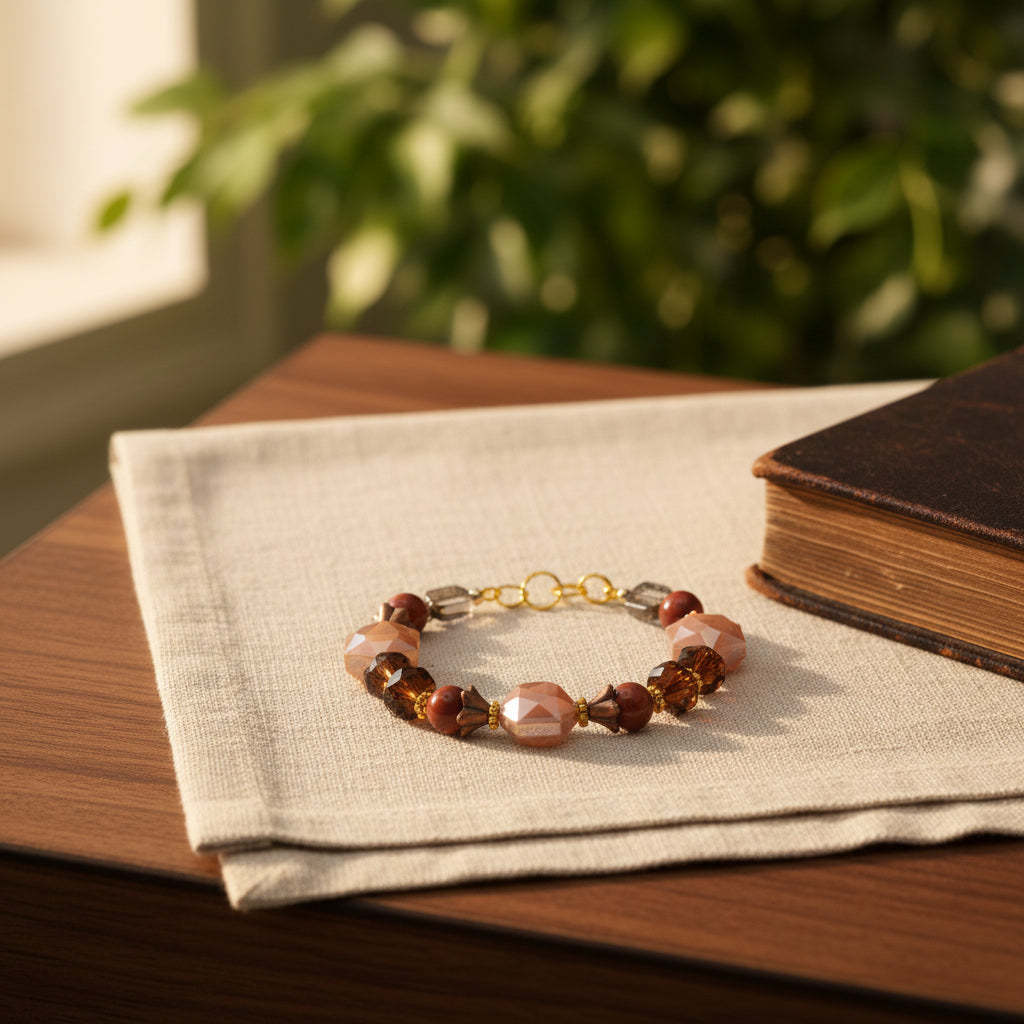 A beaded bracelet featuring faceted amber and reddish-brown beads, iridescent pink beads, and gold spacer rings with a gold clasp, displayed on a neutral gray background.