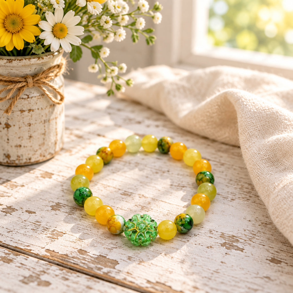 A beaded stretch bracelet featuring yellow and green marbled beads, with a prominent textured green bead at the center, displayed on a plain light gray background.