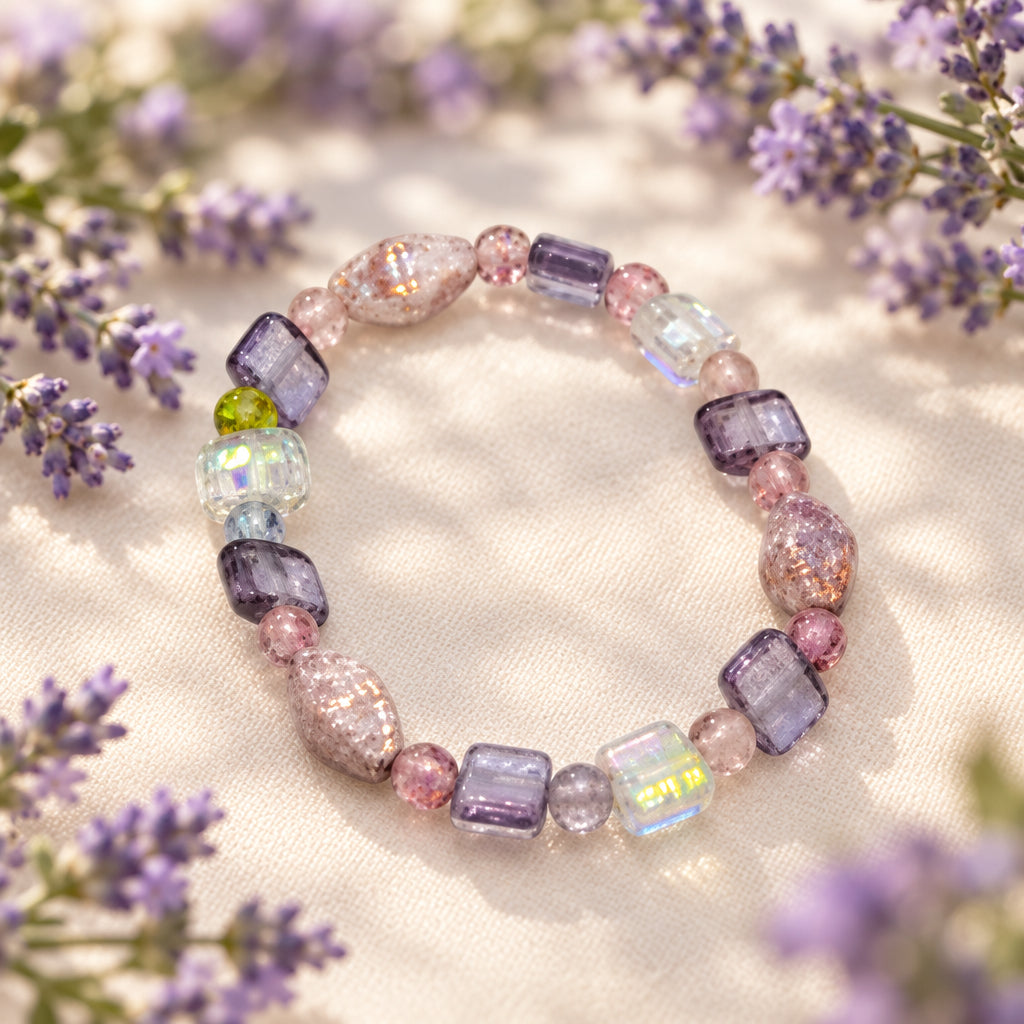 A beaded stretch bracelet featuring lavender, pink, and iridescent glass beads, styled on a cream fabric background with soft purple flowers.