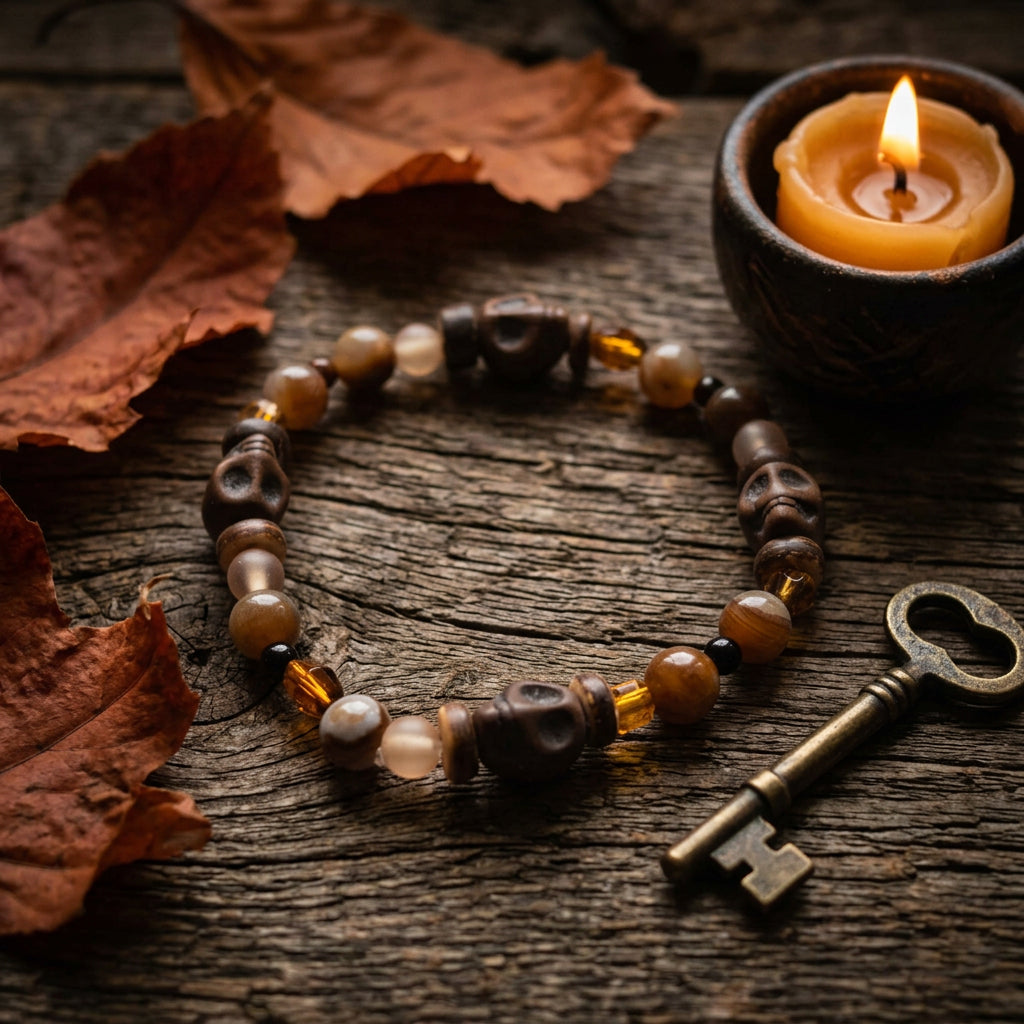 A beaded stretch bracelet featuring a mix of dark brown carved beads, translucent amber glass beads, and smooth light brown stone beads, displayed on a neutral light gray background.