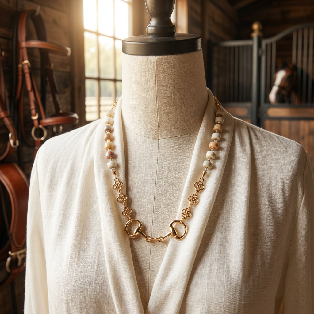A gold-tone horsebit necklace with white and iridescent beads, displayed on a black velvet jewelry bust against a white background.