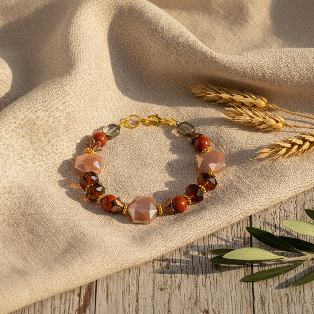 A beaded bracelet featuring faceted amber and reddish-brown beads, translucent smoky brown beads, and a central iridescent peach-beige faceted bead, all separated by small gold spacers, with a gold clasp on a neutral gray background.