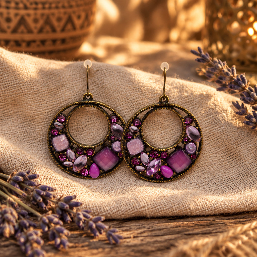 A pair of dangling hoop earrings with antique bronze-toned metal frames, decorated with faceted purple and pink rhinestones, hanging against a plain light gray background.