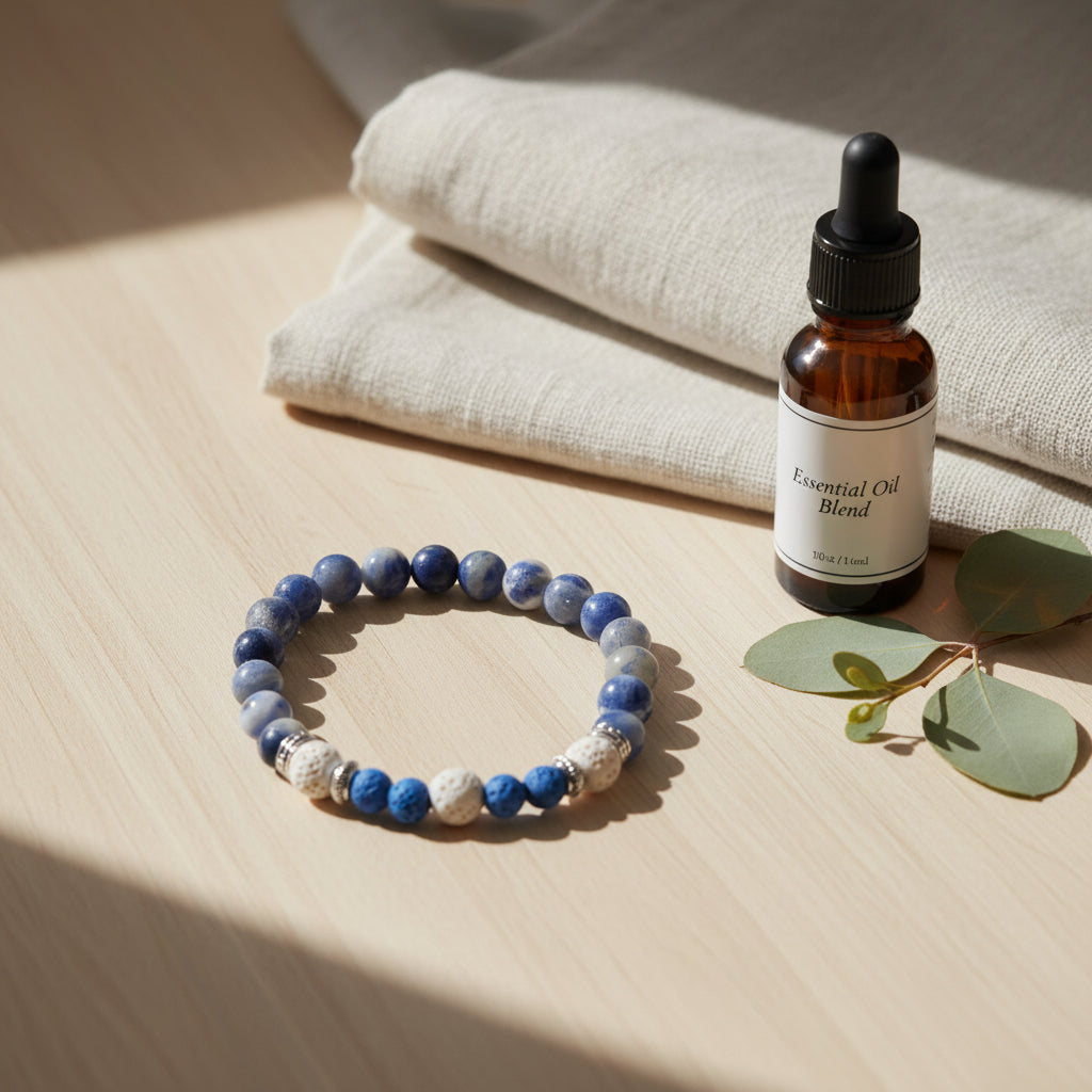 A beaded stretch bracelet featuring blue and white stones, including porous blue lava stones, speckled white porous stones, and silver spacer rings, displayed on a neutral gray background.