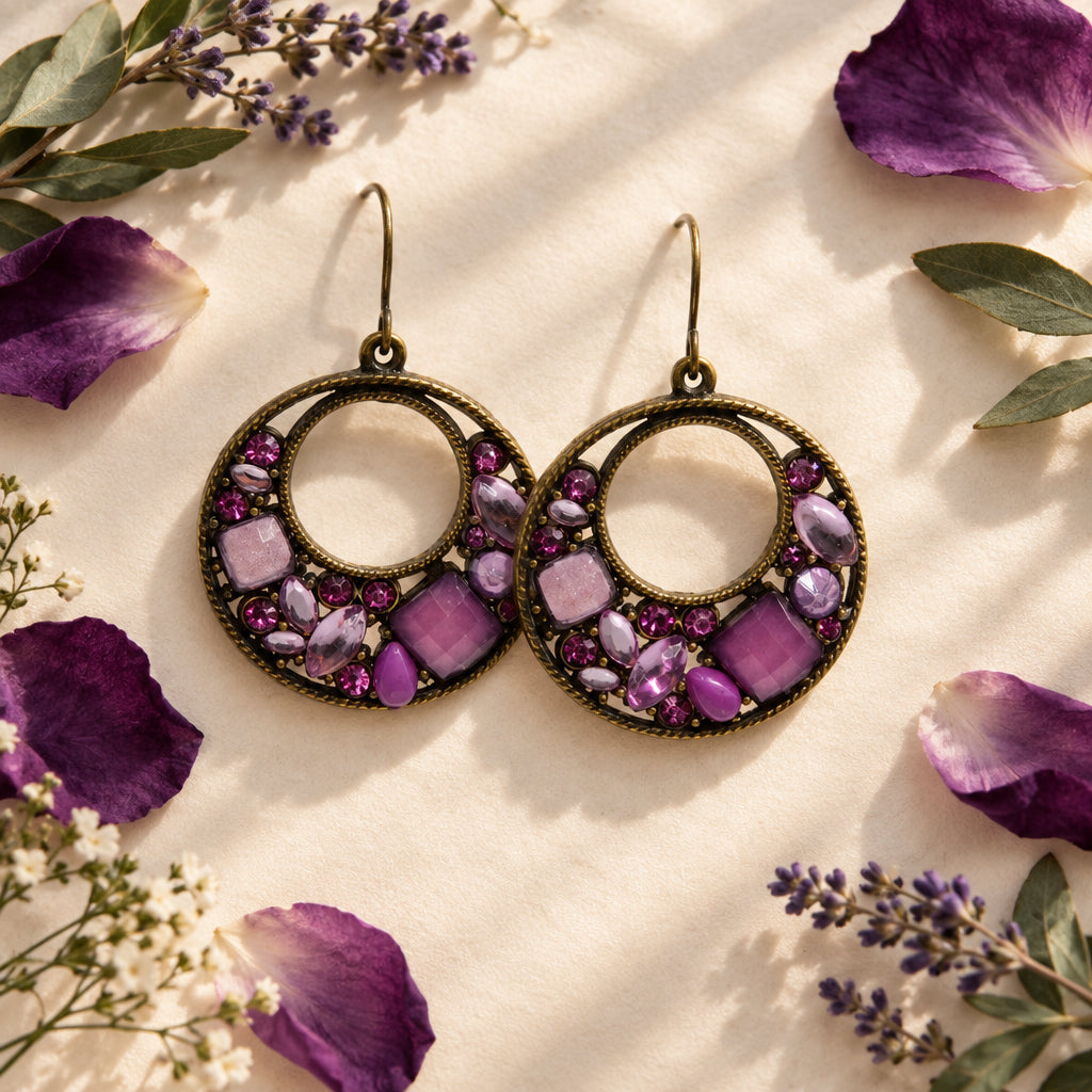 A pair of large oval dangling earrings with antique bronze-toned metal frames, open center circles, and embedded faceted purple and magenta rhinestones, shown against a plain light gray background.