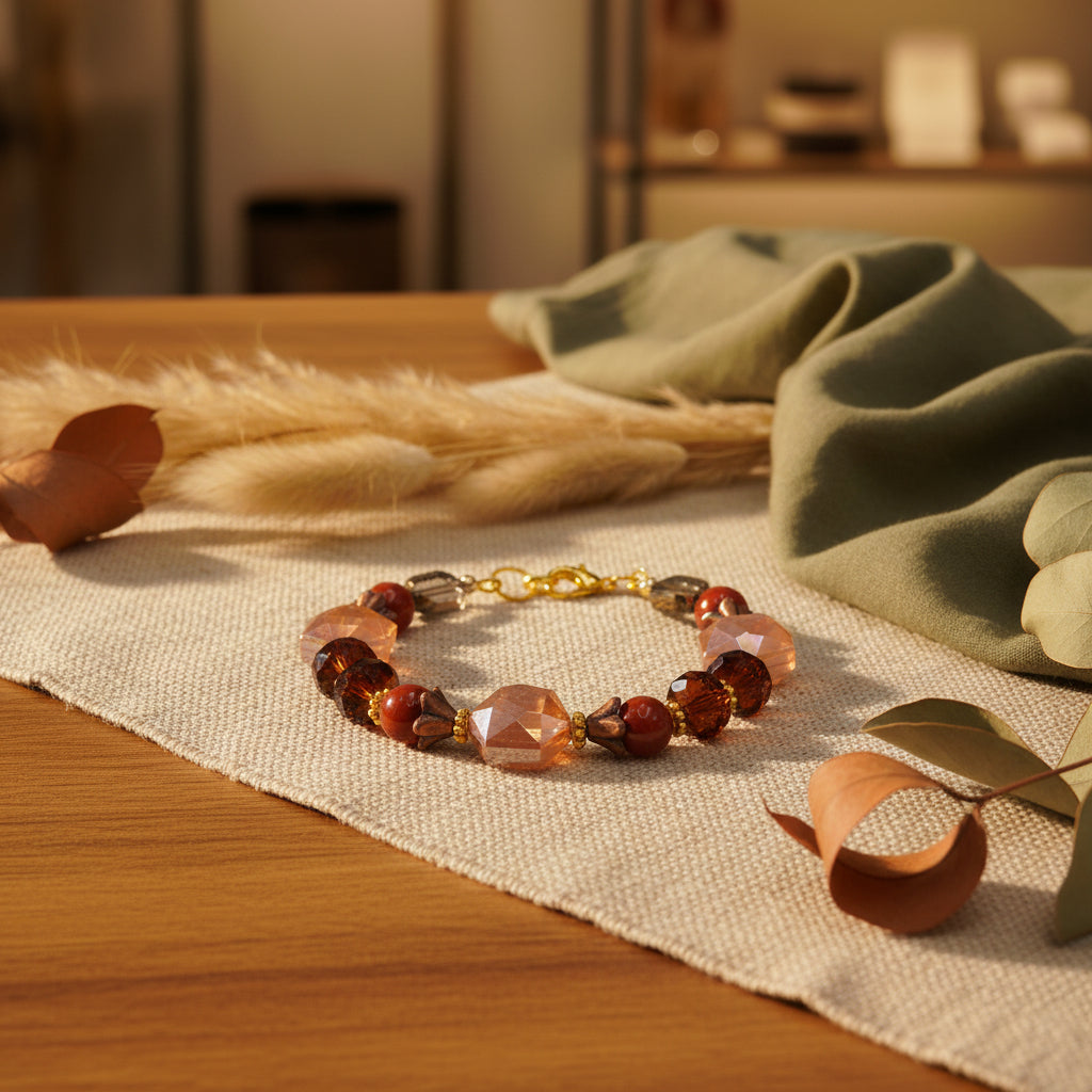 A beaded bracelet with faceted amber-brown beads, some with an iridescent pinkish sheen, dark brown beads, and gold-tone metal spacers and clasp, shown on a plain light gray background.