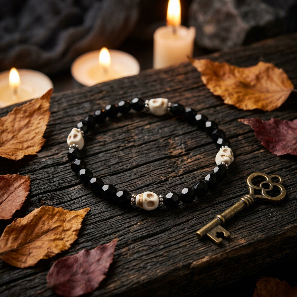 A beaded stretch bracelet featuring faceted black beads and three cream-colored beads with orange and black leopard spots, separated by small silver spacer rings, on a light gray background.