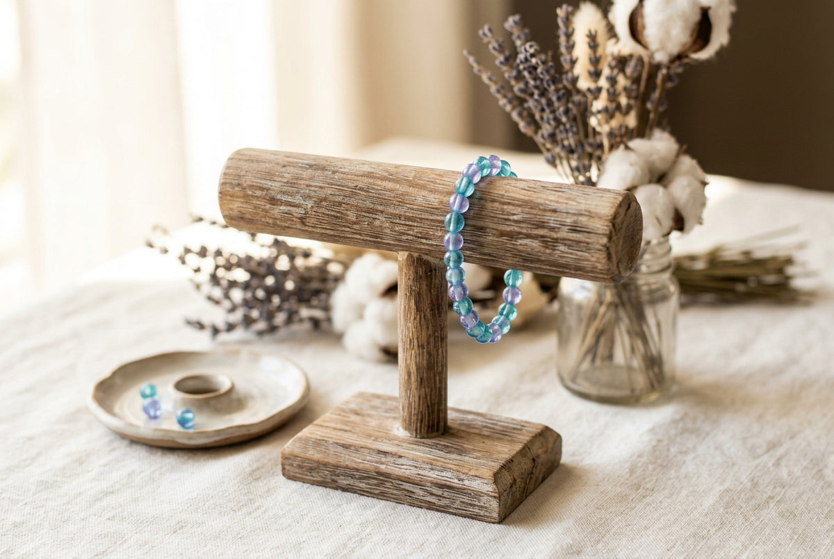 A beaded stretch bracelet made of translucent blue and purple beads, resting on a plain light gray surface.