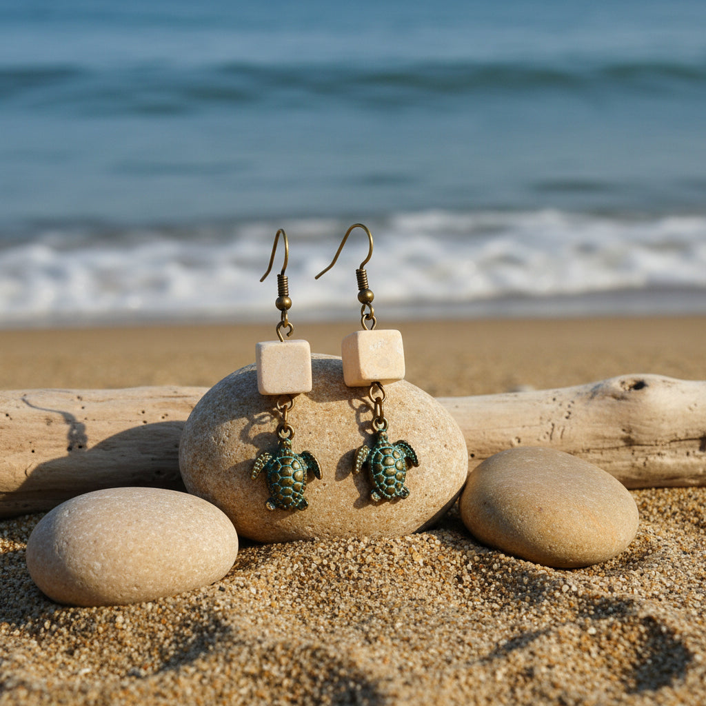 A pair of handmade dangle earrings featuring square cream-colored bone beads and small sea turtle charms with a dark patina finish, suspended from bronze-colored hooks.