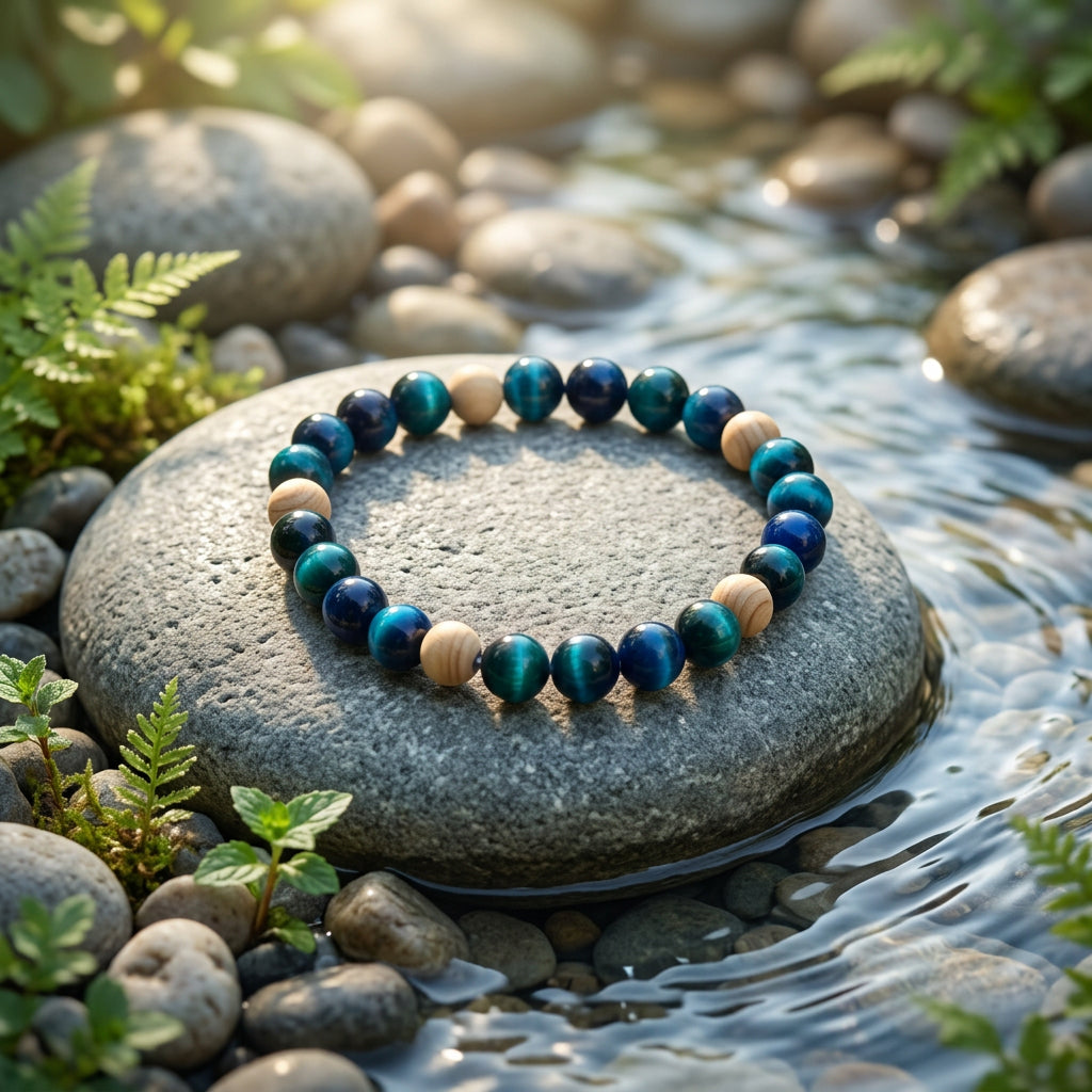 A beaded stretch bracelet made of alternating dark blue and light beige wooden beads, displayed on a plain light gray background.