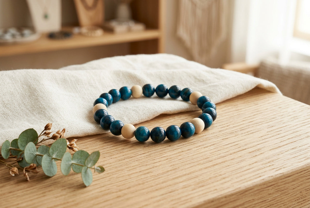 A beaded stretch bracelet featuring alternating dark blue and light beige wooden beads, photographed on a plain light gray background.