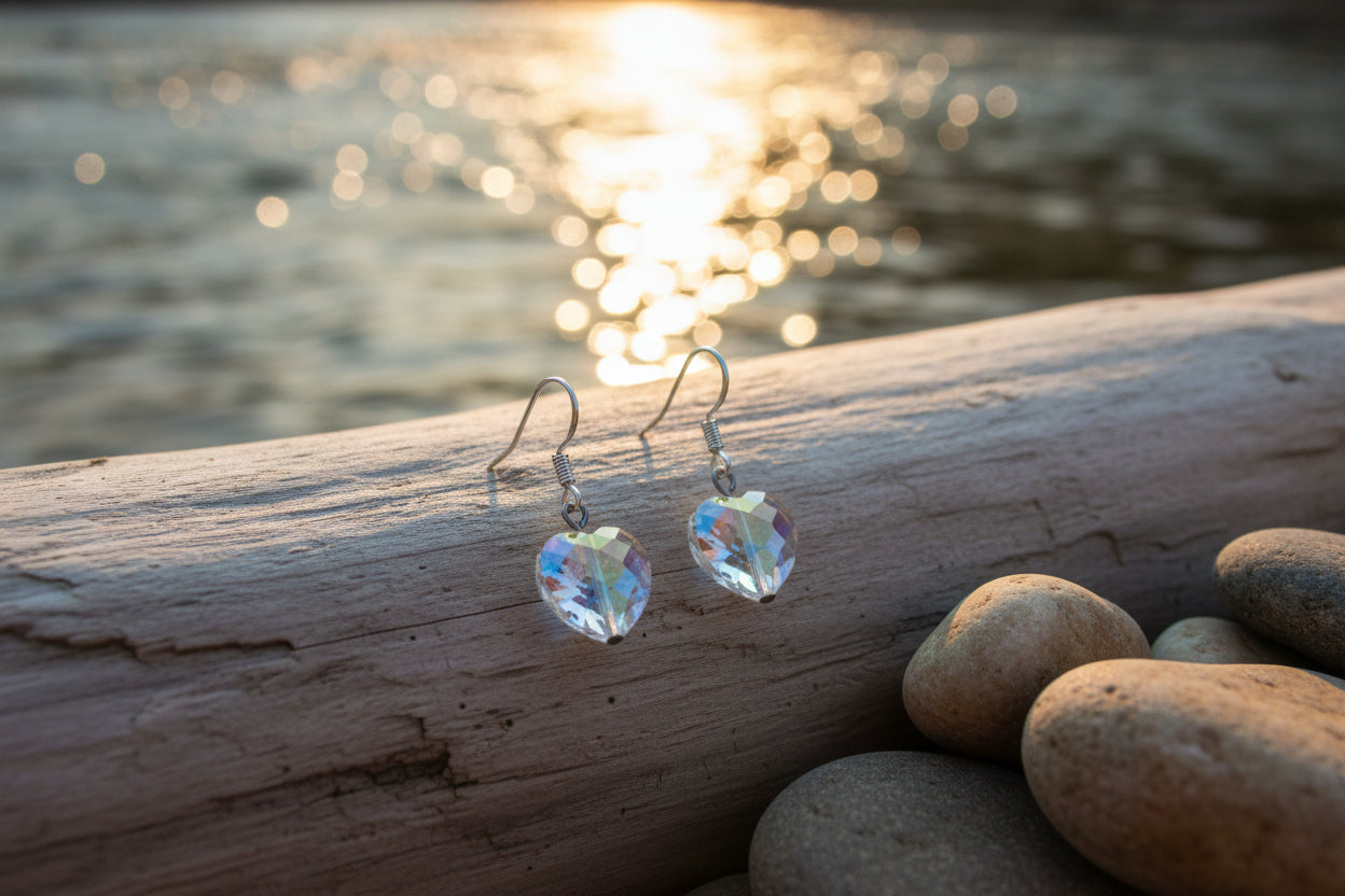 A pair of silver dangle earrings with heart-shaped faceted iridescent glass beads, displayed on a clear acrylic stand against a neutral gray background.