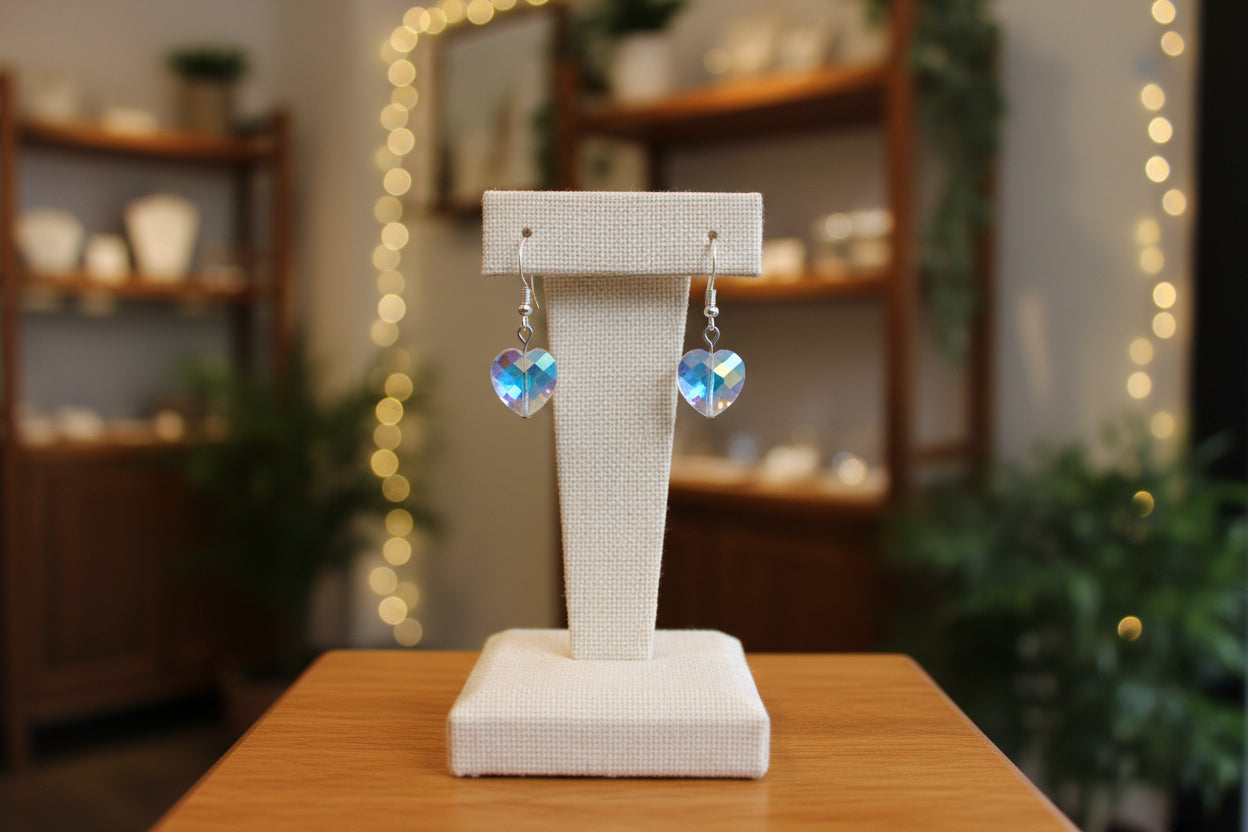 A pair of silver-tone dangle earrings with faceted heart-shaped crystals that have an iridescent blue and purple sheen, displayed on a clear acrylic stand against a neutral gray background.