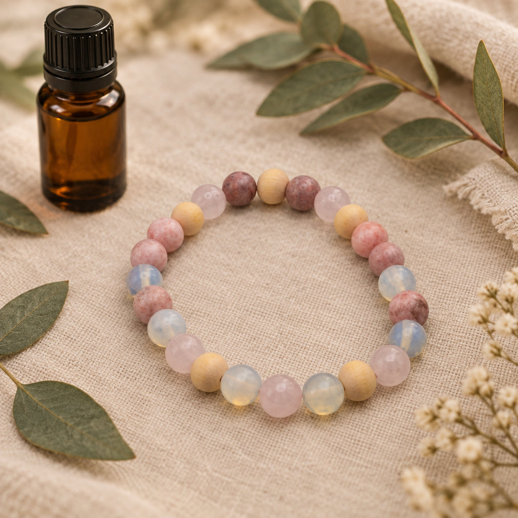 A beaded stretch bracelet made of round translucent and opaque beads in pastel pink, pale yellow, lavender, and white, arranged in a circle on a plain light gray background.