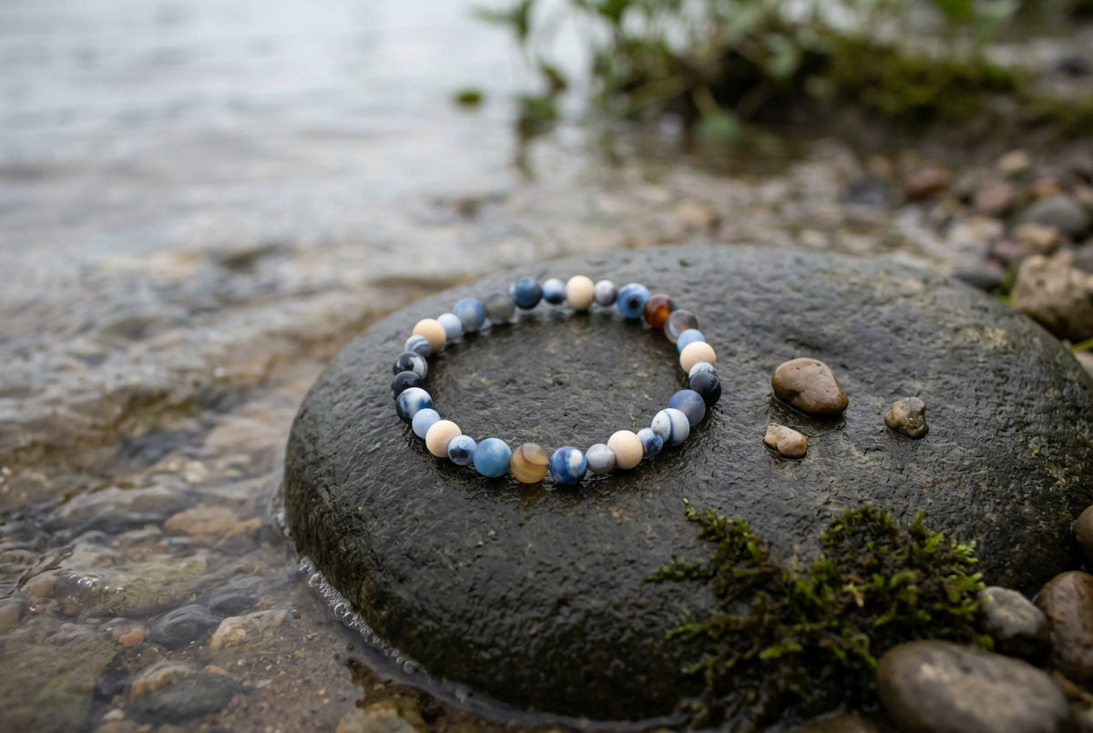 A beaded stretch bracelet featuring a mix of blue, white, black, and brown beads, displayed on a neutral gray background.