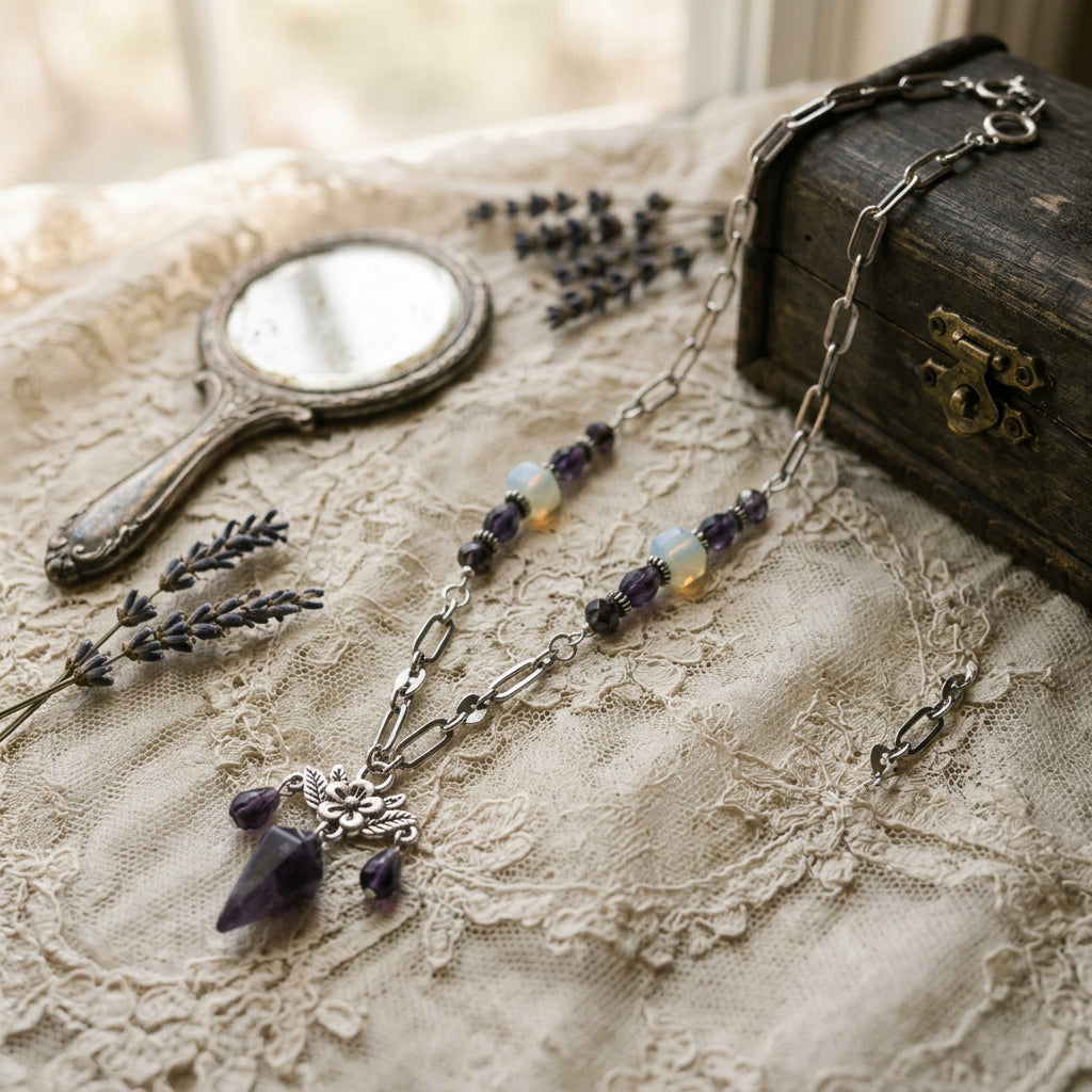 A silver-toned chain necklace with dark purple beads, light green translucent beads, and a silver filigree pendant featuring a large faceted purple crystal and two smaller dangling purple crystals, shown on a neutral gray background.