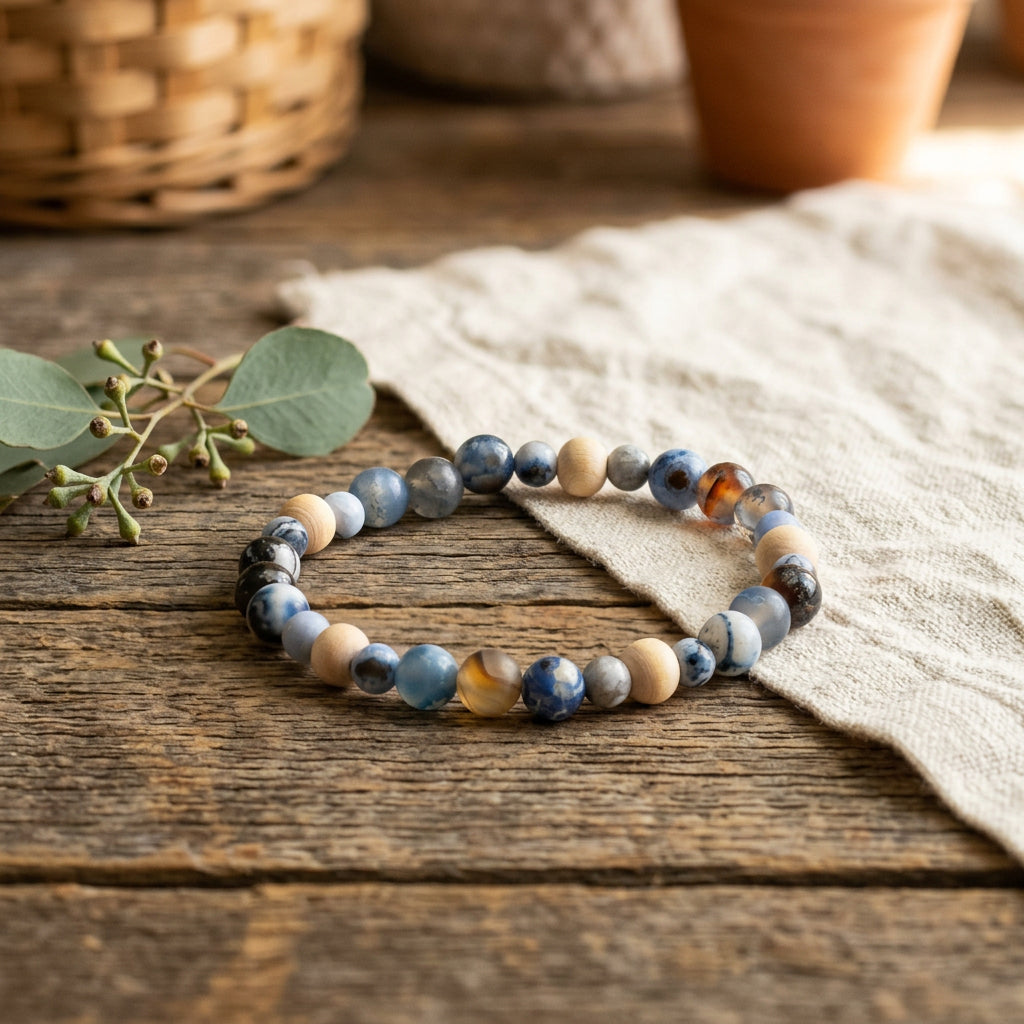 A beaded stretch bracelet made of marbled blue, white, and brown beads, photographed on a plain gray background.