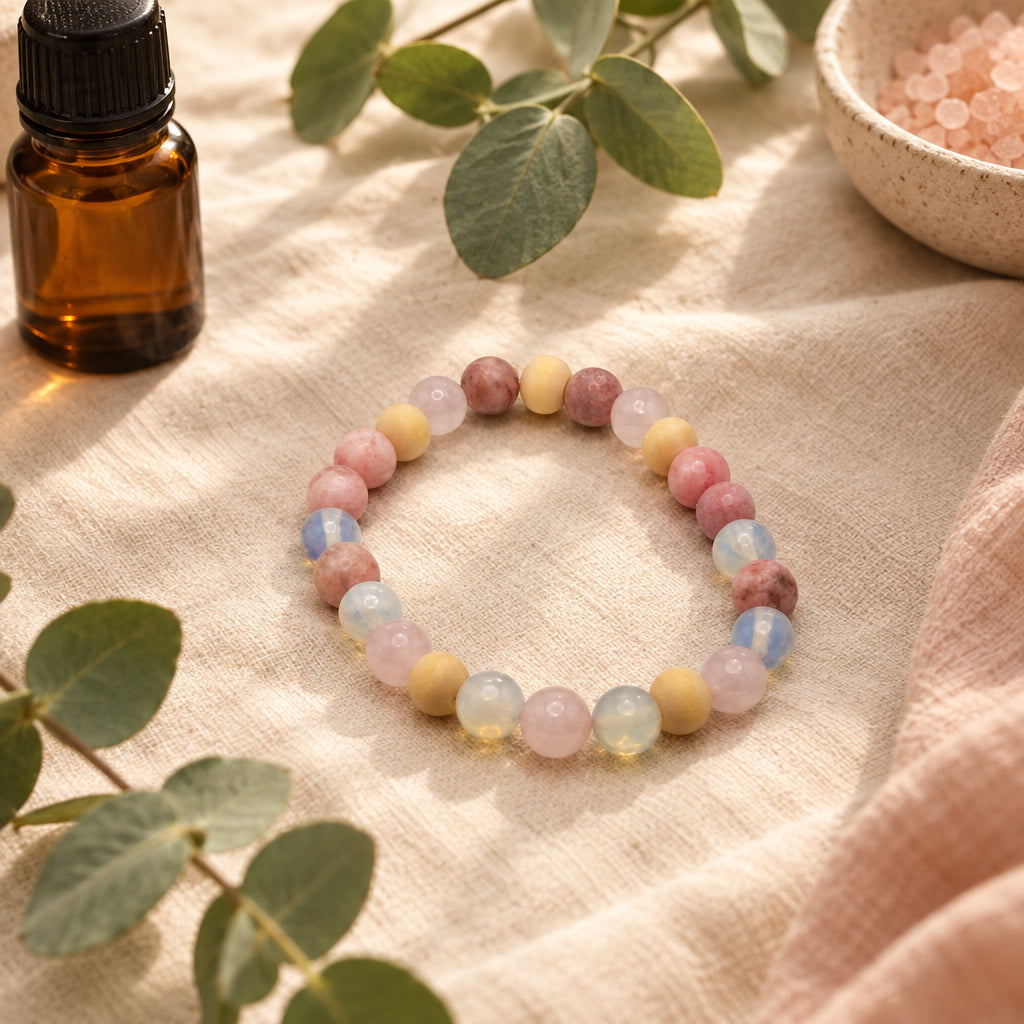 A beaded stretch bracelet made of round translucent beads in pastel pink, peach, yellow, and light blue, arranged in a circle on a plain light gray background.