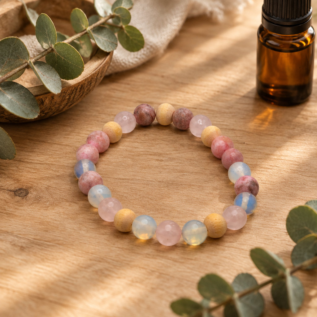 A beaded stretch bracelet made of translucent pastel gemstone beads in pink, yellow, and light blue, arranged in a circle on a plain light gray background.
