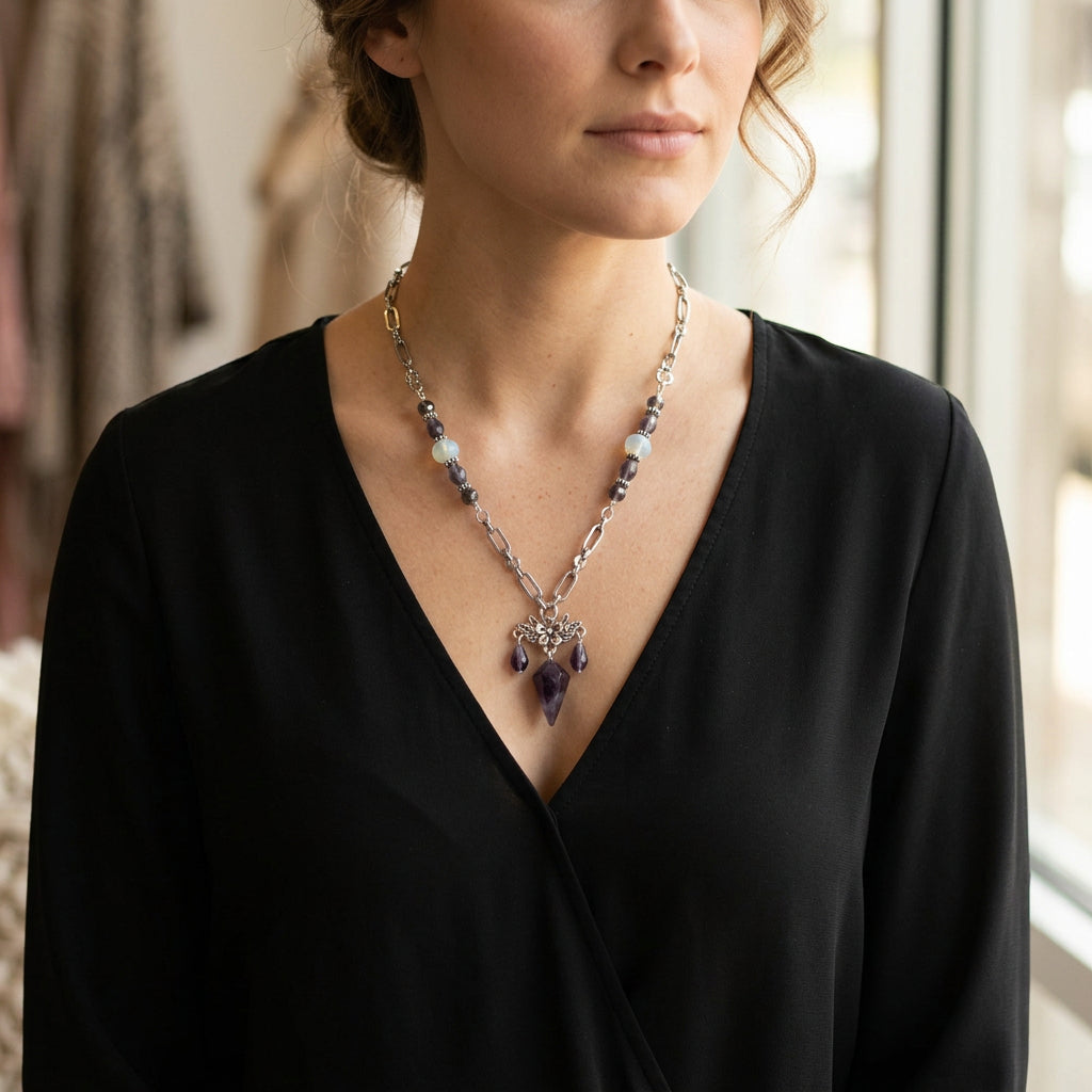 A silver-toned chain necklace featuring a central ornate filigree pendant with a dark purple teardrop crystal and matching purple beads spaced along the chain, displayed on a neutral gray background.