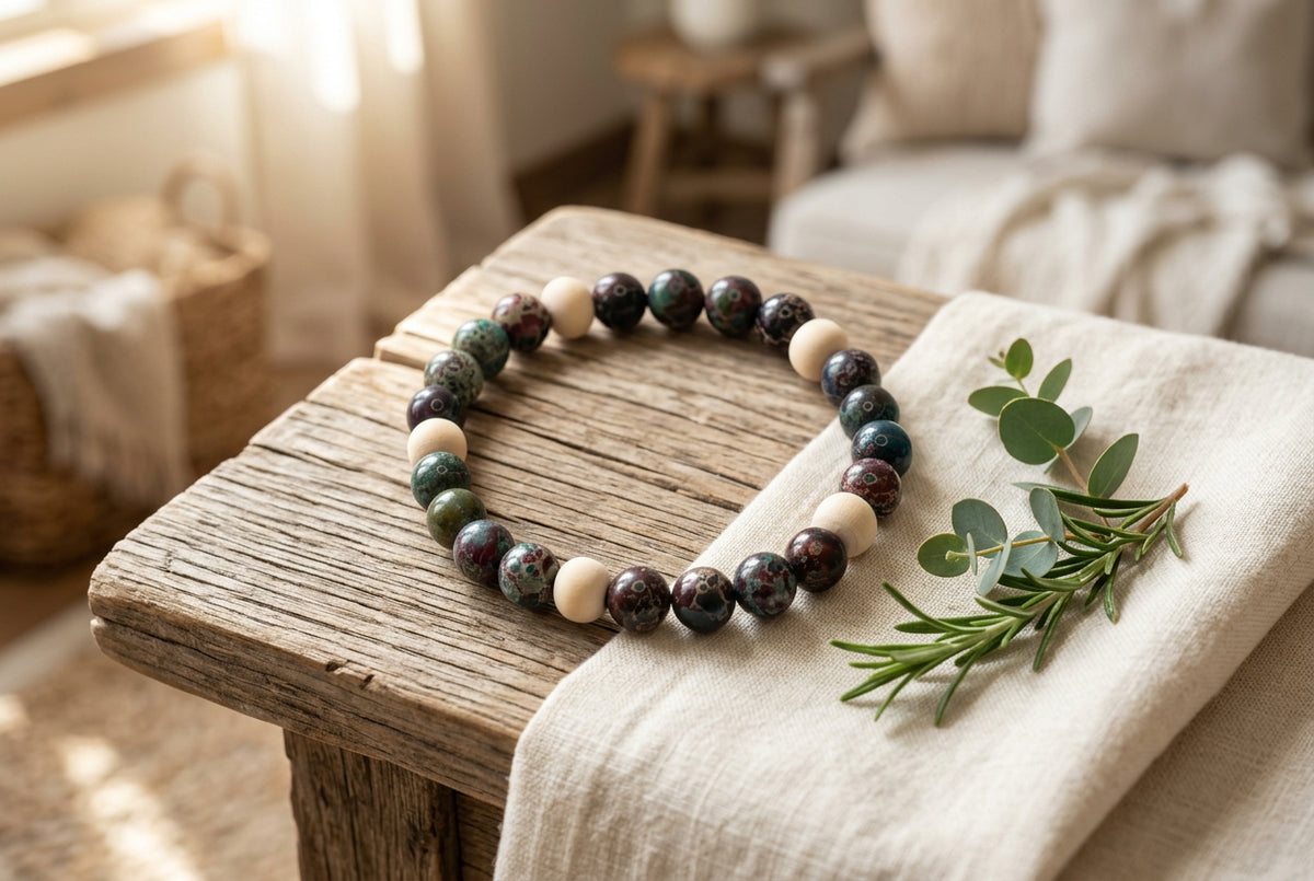A beaded stretch bracelet made of dark marbled beads and light cream wooden beads, displayed on a plain gray surface.