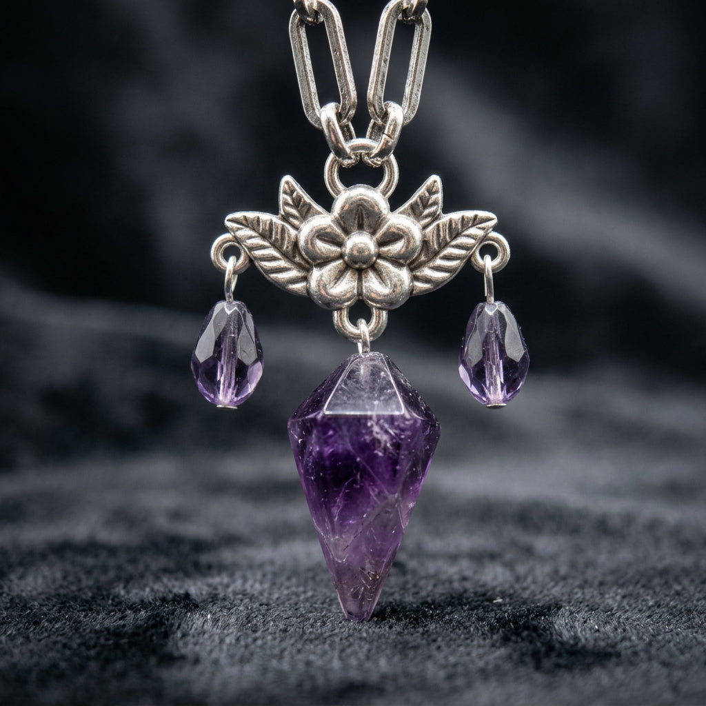 Silver-toned pendant necklace featuring a central purple crystal point, two small dangling purple beads, and an ornate floral filigree detail, shown against a plain light gray background.