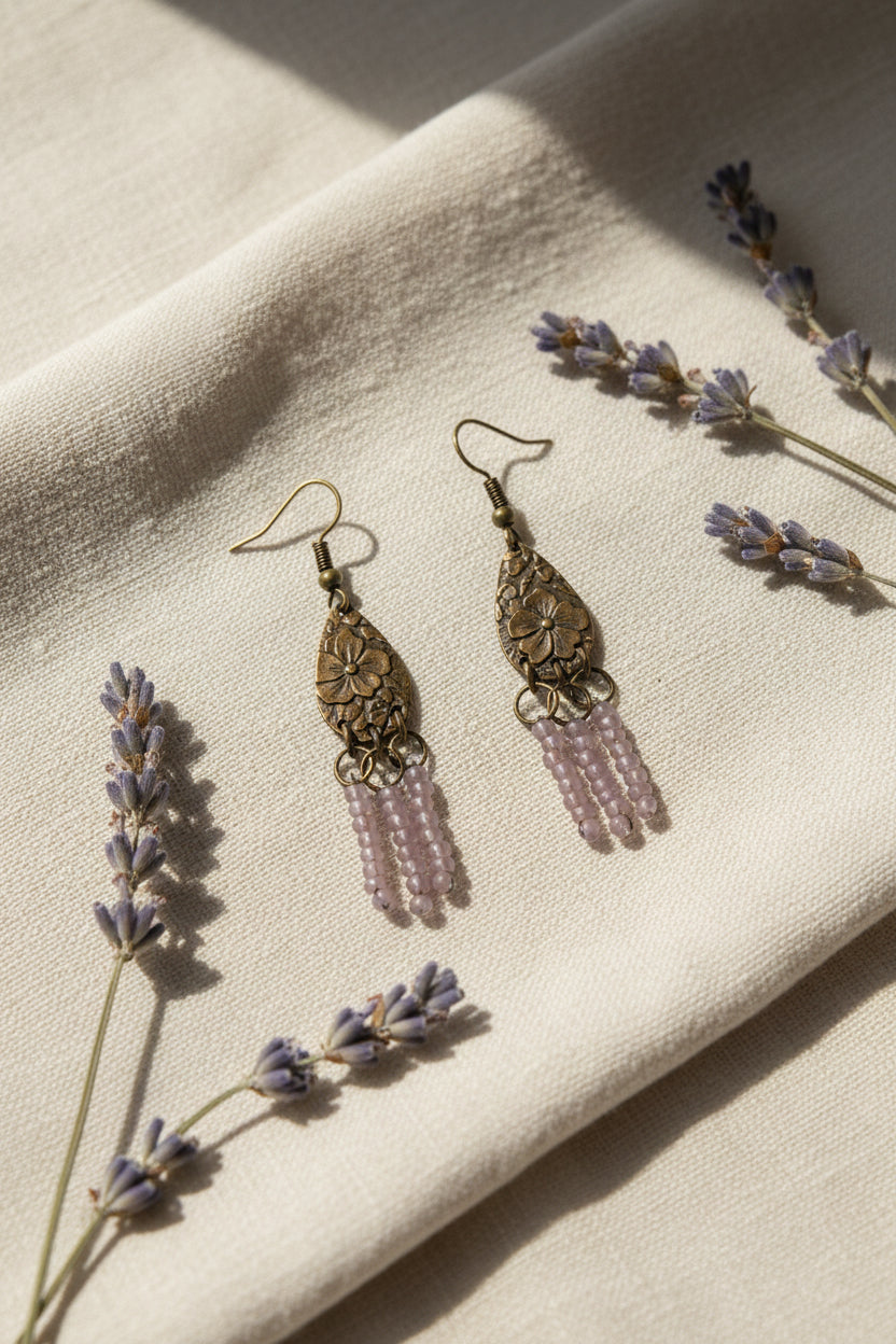 A pair of dangling earrings with textured bronze teardrop-shaped metal pieces, small silver rings, and pink beaded fringe, displayed on a white stand against a white background.
