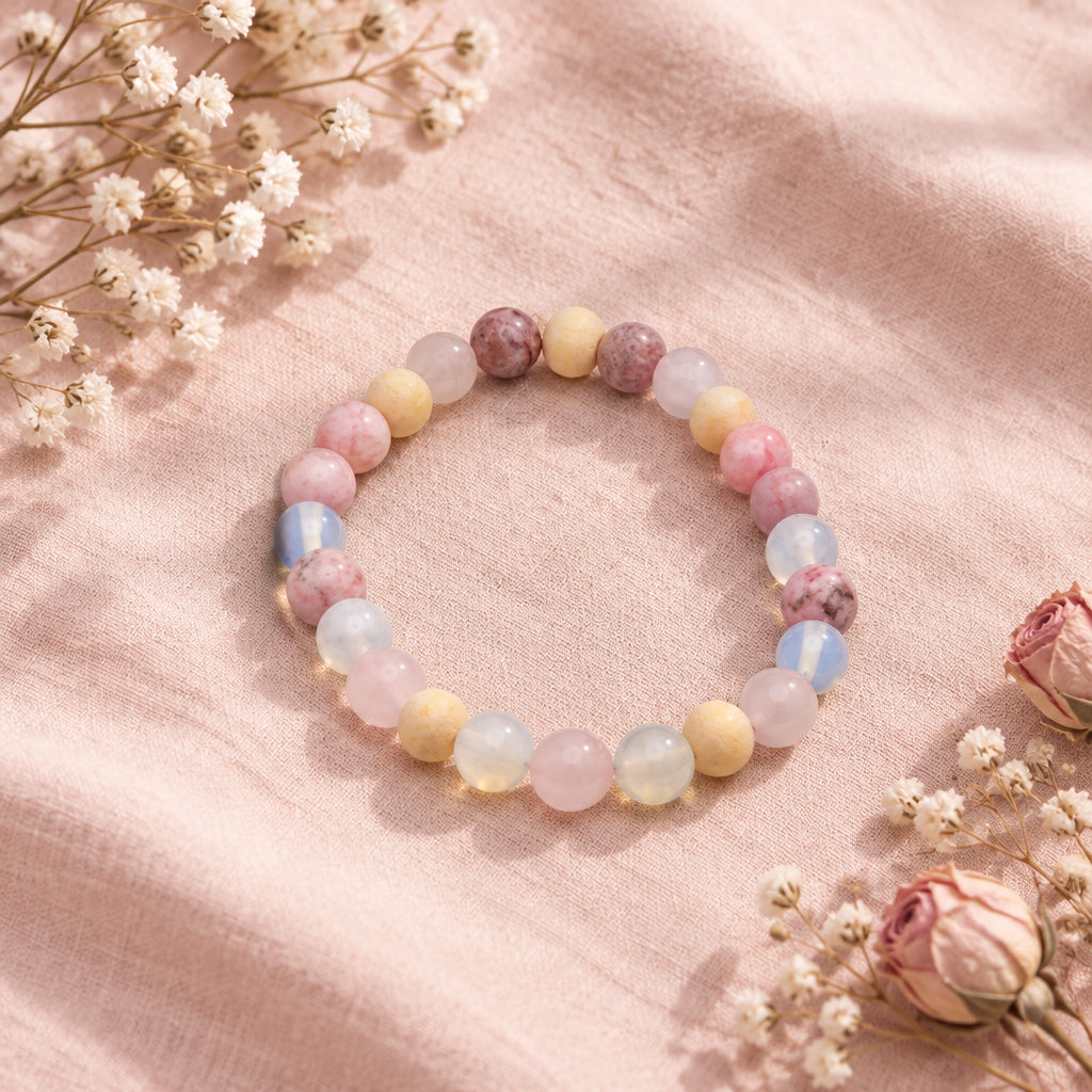 A beaded stretch bracelet made of pastel-colored round beads in pink, yellow, purple, and white, arranged in a circle on a plain light gray background.