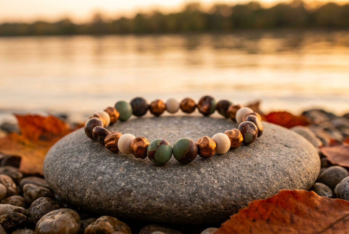 A beaded stretch bracelet featuring a mix of amber brown, dark green, and cream-colored round beads, displayed on a plain gray background.