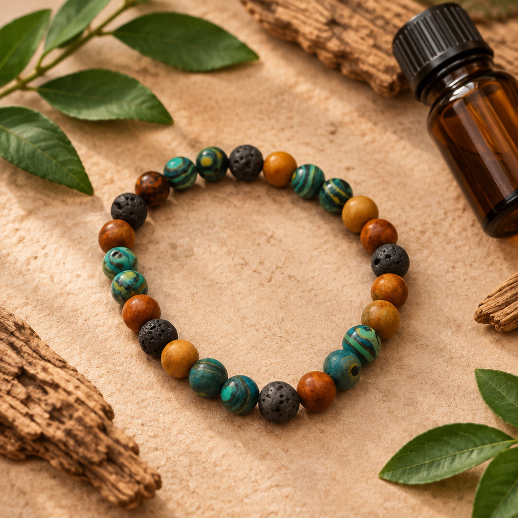 A beaded stretch bracelet made of alternating dark gray and orange-brown round beads, with some turquoise-blue marbled beads, displayed on a plain light gray background.