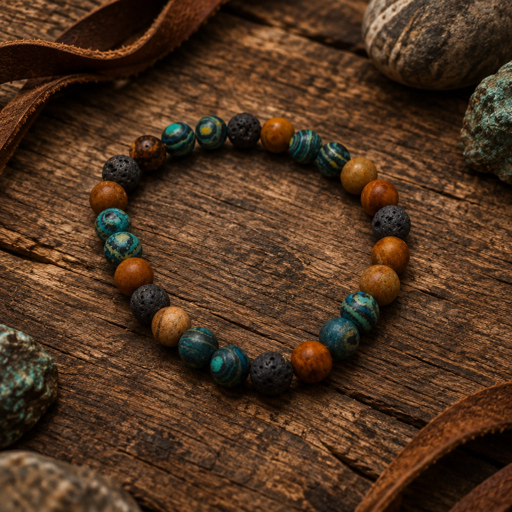 A beaded stretch bracelet made of round stone beads in earthy brown, orange, and dark gray with turquoise blue marbling, displayed on a plain light gray background.