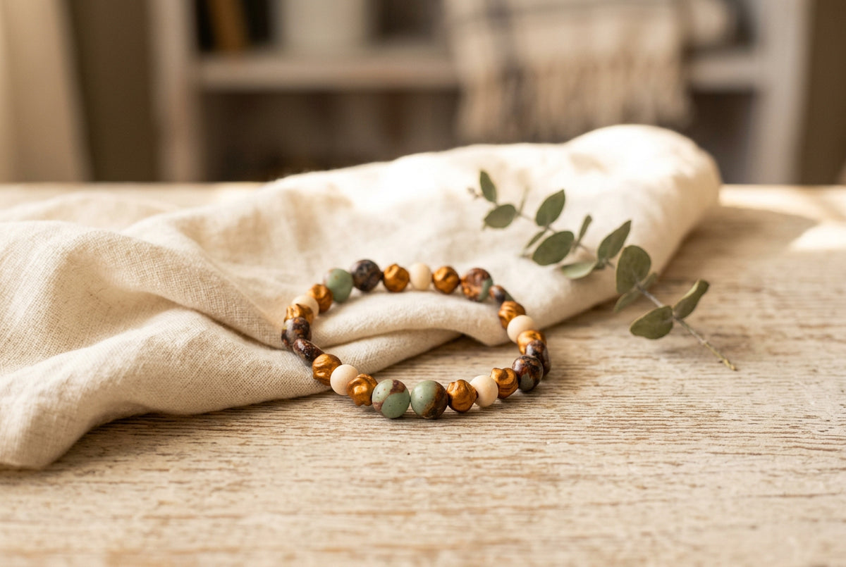 A beaded stretch bracelet with alternating translucent amber-brown, dark brown, and matte olive-green beads, displayed on a plain gray surface.