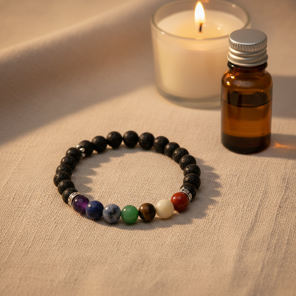 A beaded stretch bracelet featuring matte black round beads with a row of seven colorful accent beads representing the chakras, displayed on a neutral light gray background.