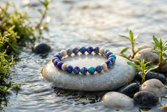 A beaded stretch bracelet featuring dark blue and turquoise marbled beads, light beige wooden beads, and small silver-toned spacer beads, displayed on a neutral gray background.