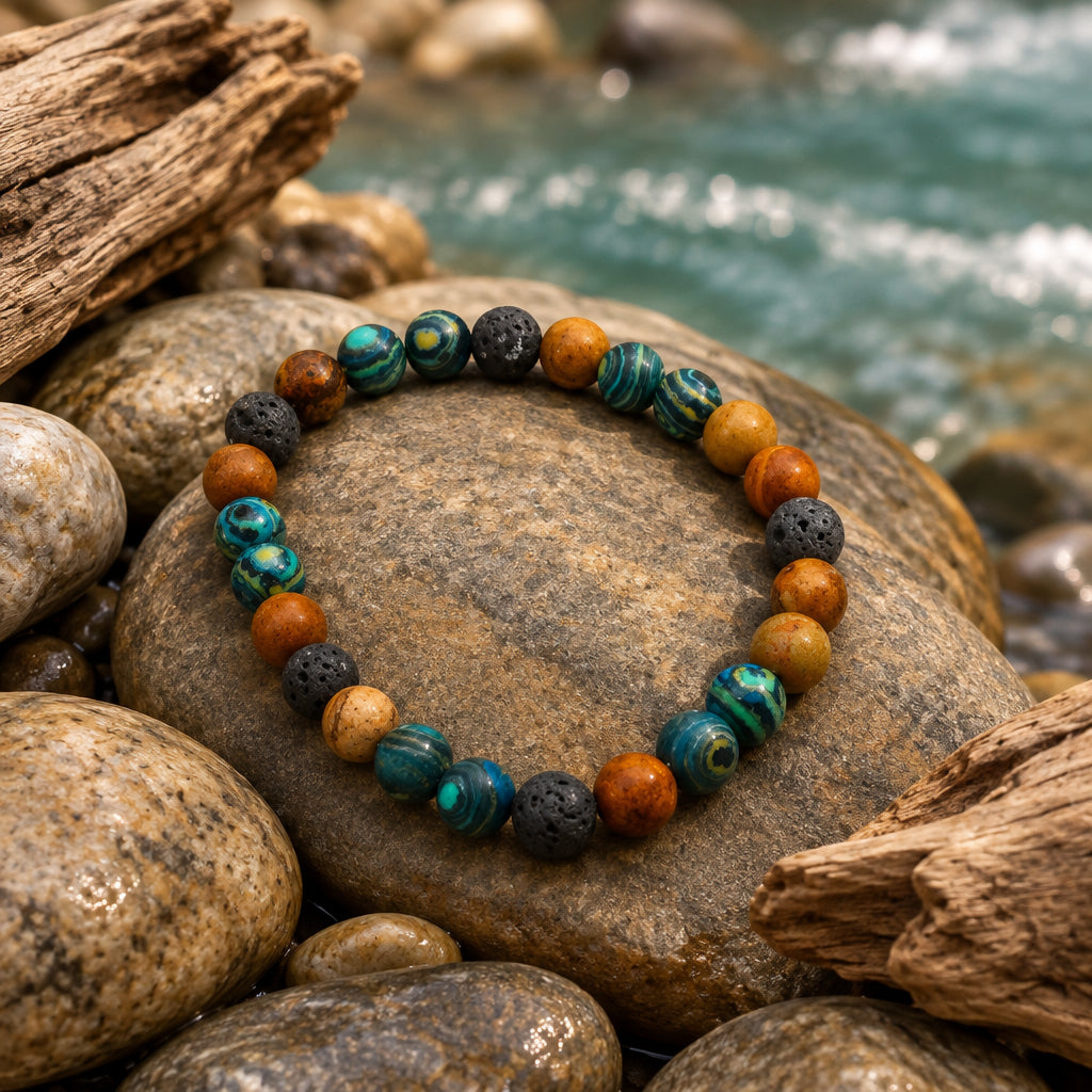 A beaded stretch bracelet made of round wooden beads in various earthy tones including brown, orange, and dark gray, with some beads featuring blue-green marbled patterns, displayed on a plain light gray background.