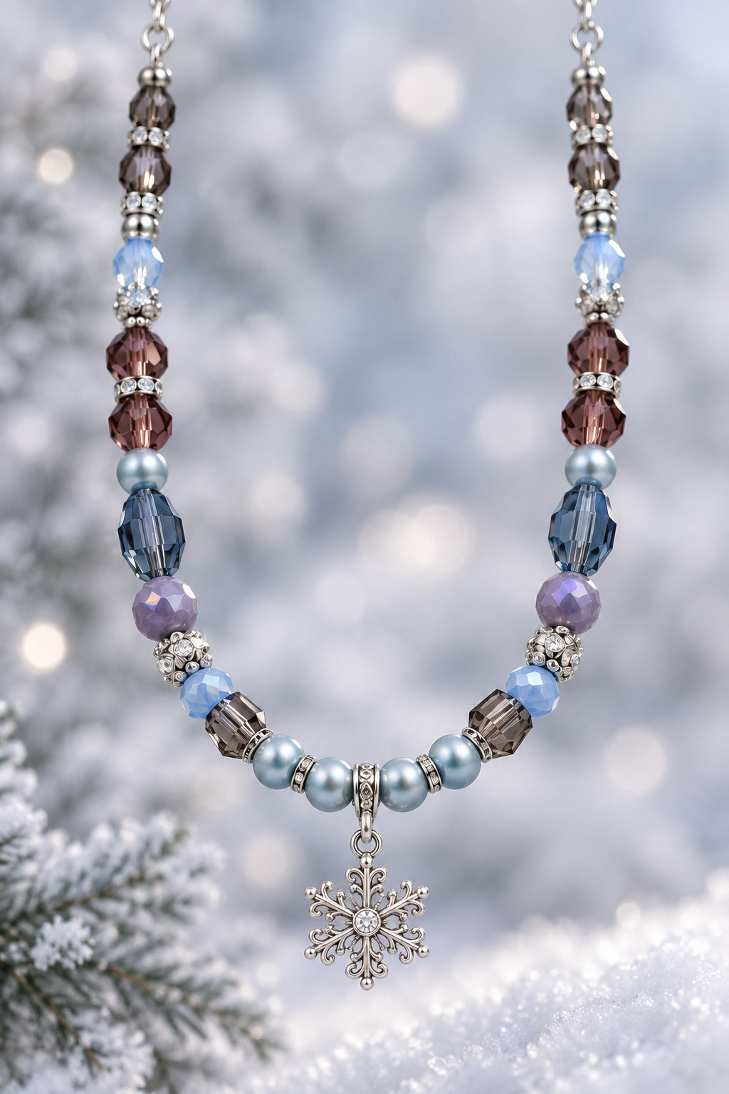 A beaded necklace featuring light blue, dark blue, and reddish-brown faceted beads, accented with silver-toned spacer beads and a silver-toned snowflake charm, displayed on a plain light gray background.