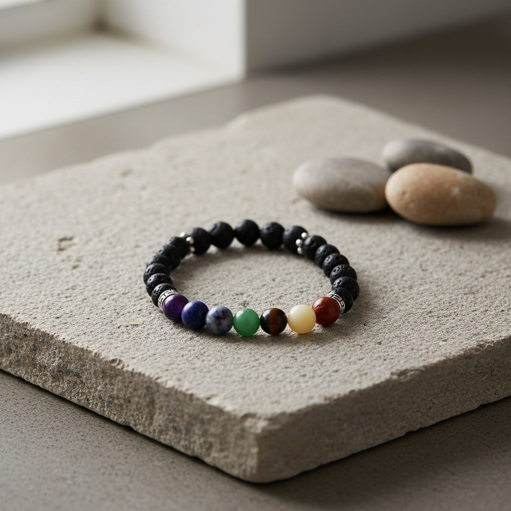 A beaded stretch bracelet featuring black round beads with a row of colorful accent beads in blue, green, brown, cream, and red, separated by small silver spacer rings, shown on a plain light gray background.