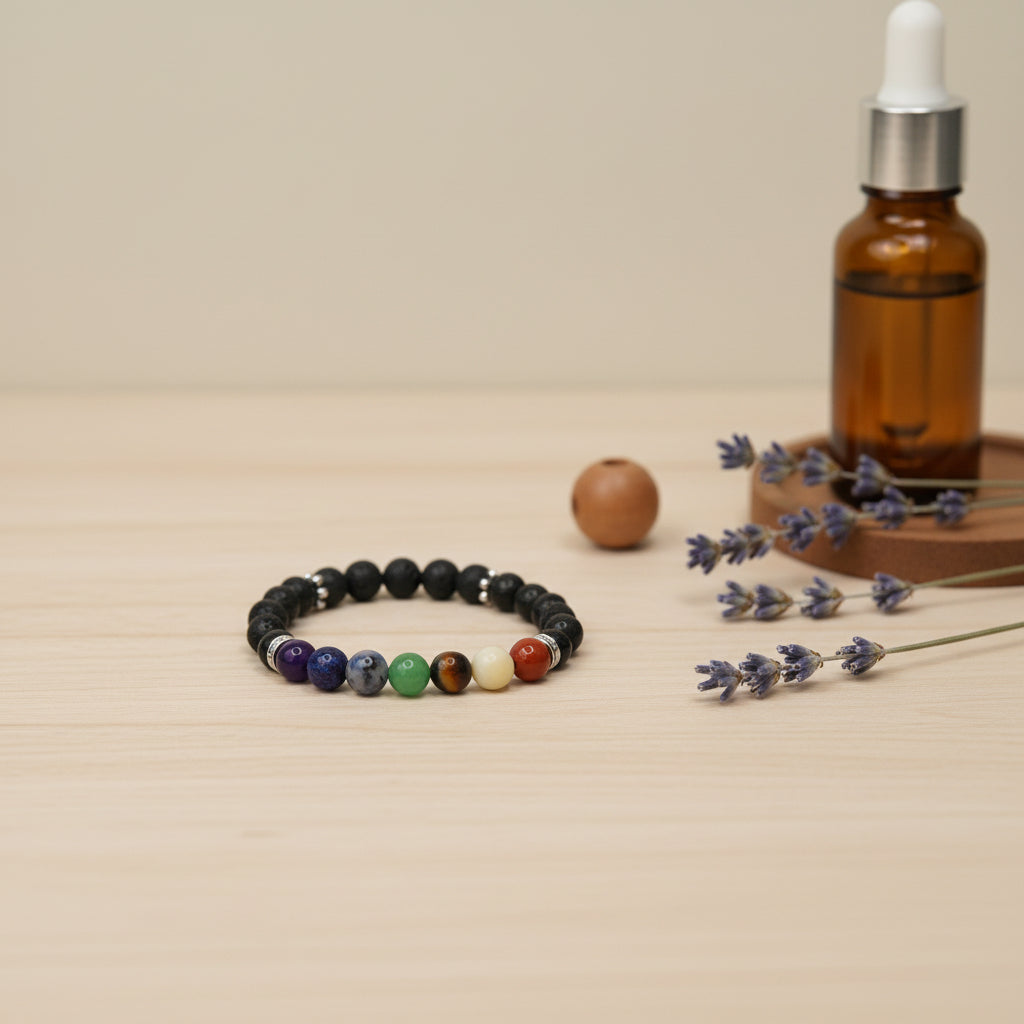 A beaded chakra bracelet featuring black round beads with seven colorful stone beads representing the chakras at the bottom, separated by small silver spacer rings, on a light gray background.