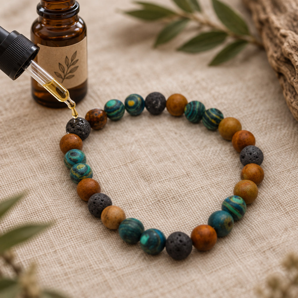 A beaded stretch bracelet made of round stone beads in earthy brown, teal blue, and dark gray, displayed on a plain light gray background.