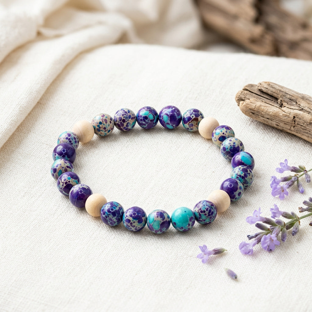 A beaded stretch bracelet featuring dark blue beads, turquoise beads, and light beige wooden beads, displayed on a neutral gray background.