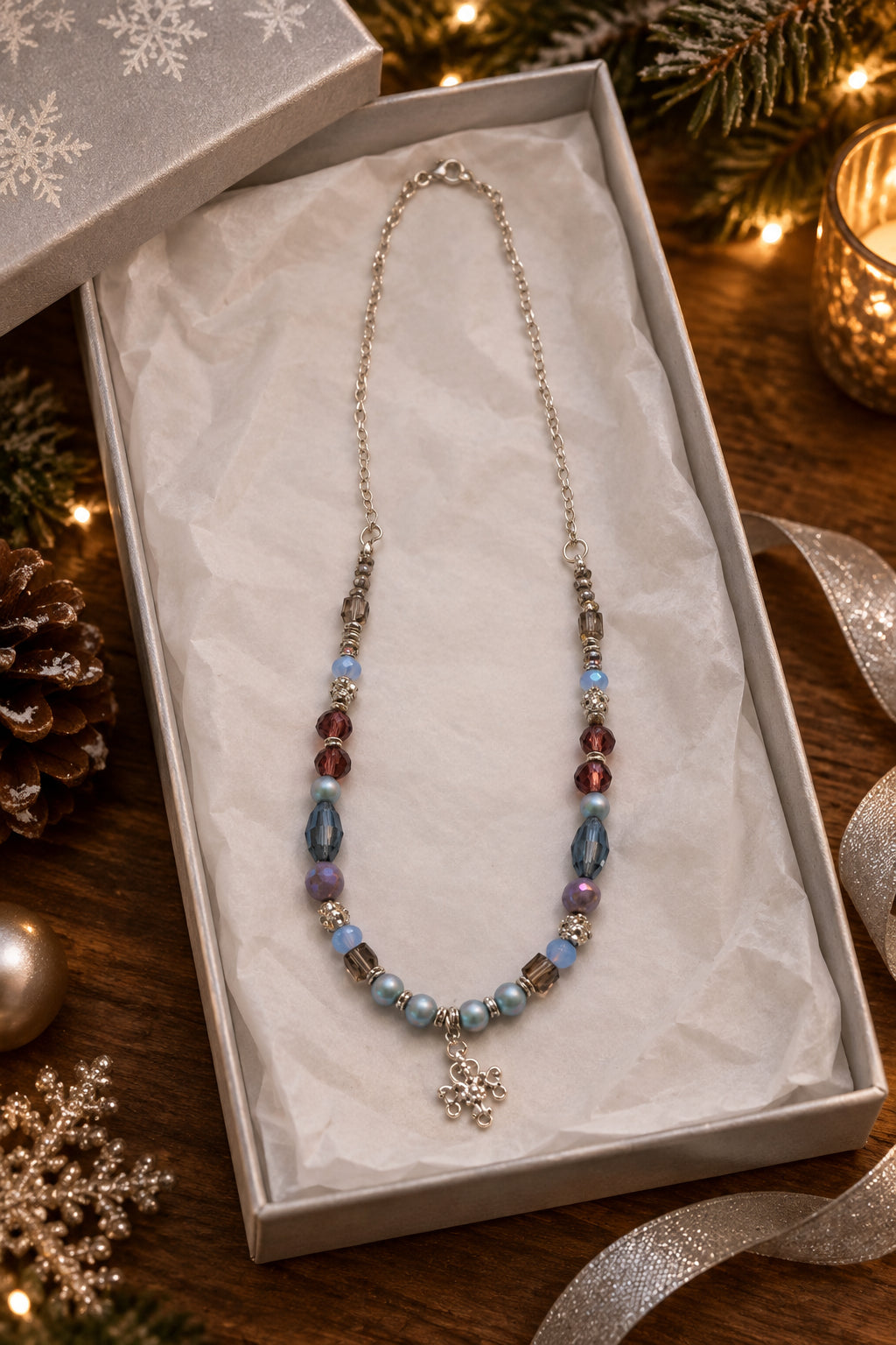 A beaded necklace with a silver-toned chain, featuring light blue, dark blue, brown, and purple beads, accented with silver spacer beads and a small silver-toned snowflake charm at the center, displayed on a plain light gray background.