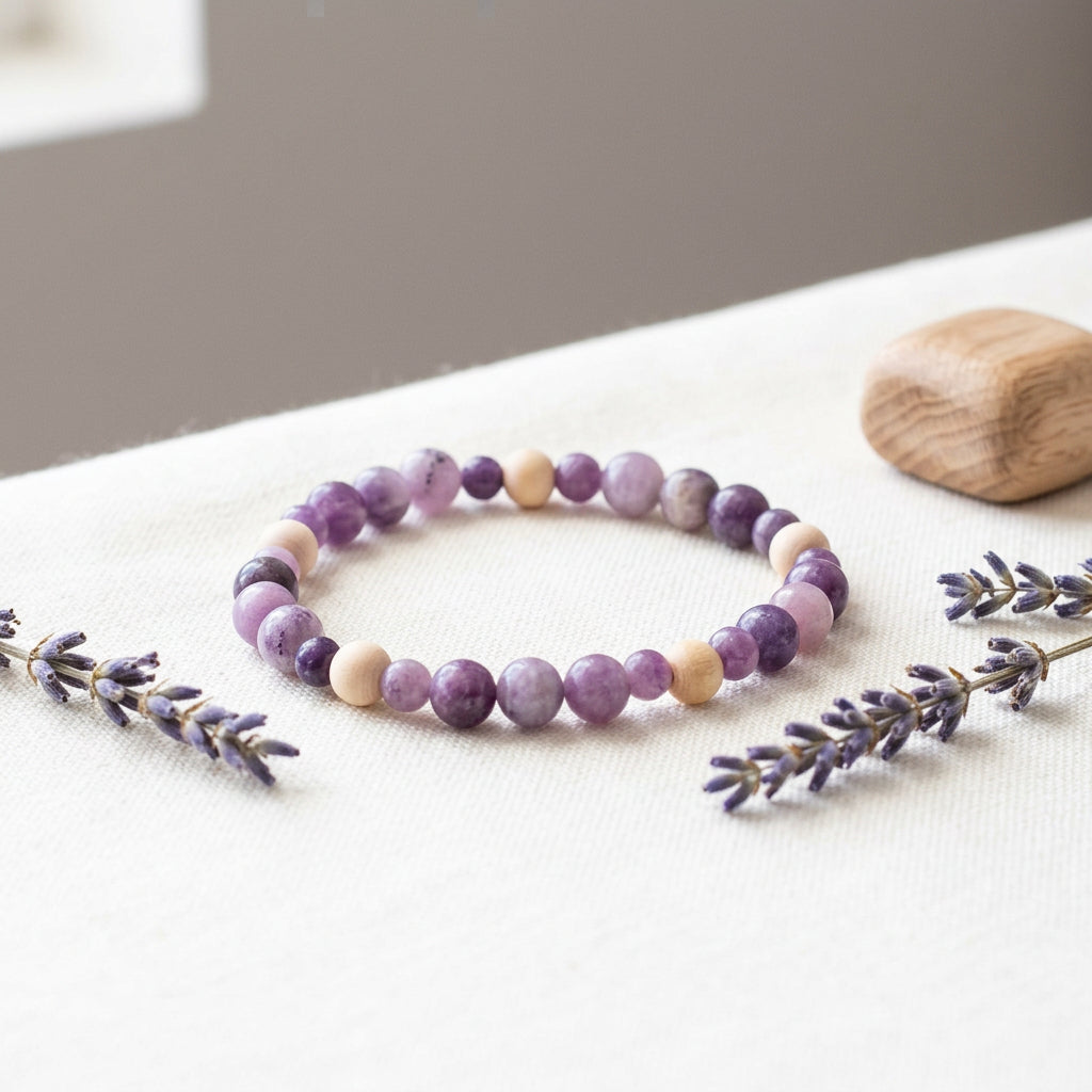 A beaded stretch bracelet made of alternating purple and light tan beads, displayed on a plain gray background.