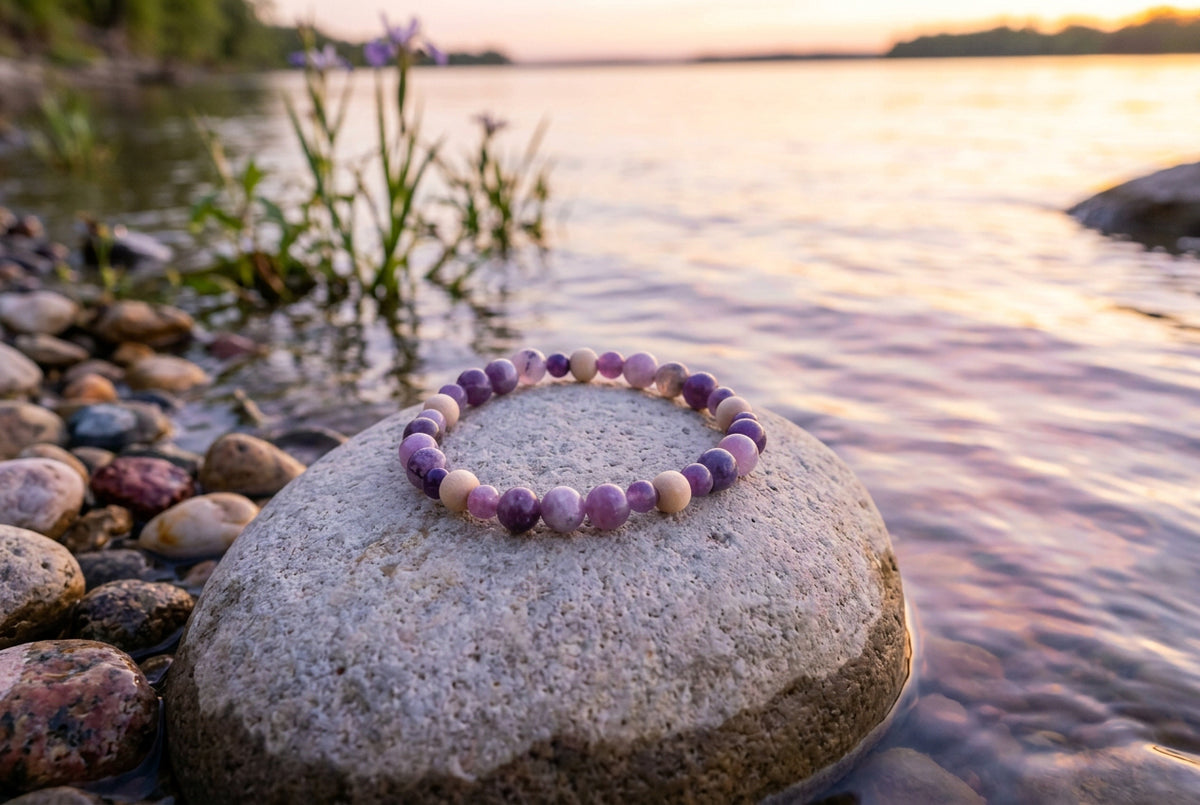 A beaded stretch bracelet made of alternating purple and light tan beads, displayed on a plain gray background.